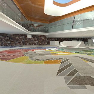 proposed design for terrazzo floor in town square area shows a modernized Will Rogers.  