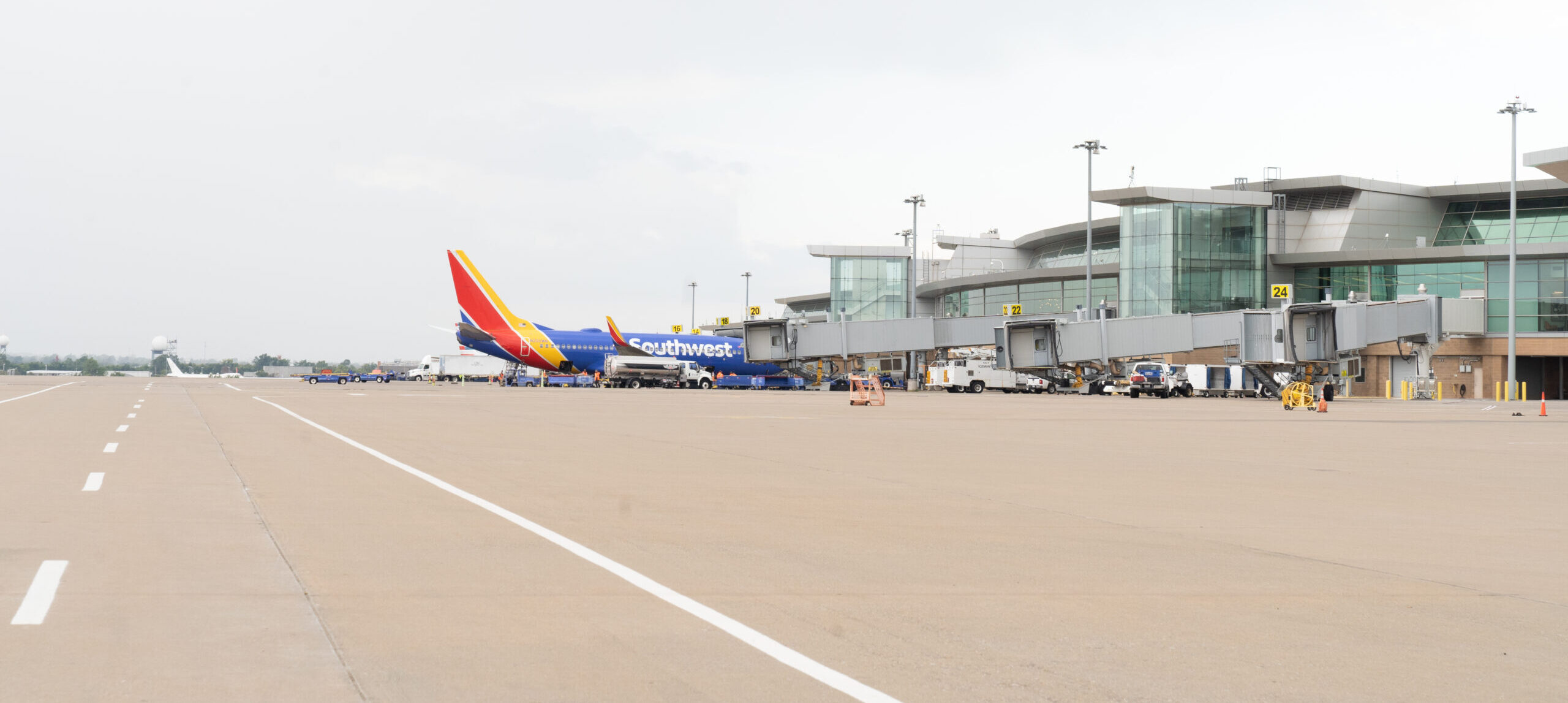 Airport gate exterior with a Southwest plane